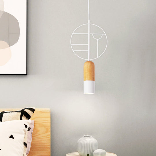 Nordic Chalk Wood Hanging Light Pendant - Single Head Ceiling Lamp In White With Wired Round Decor