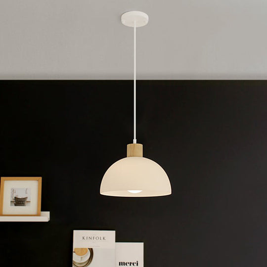Simplicity Single White Acrylic Bowl Pendant Light With Wood Cap - Hanging Suspension