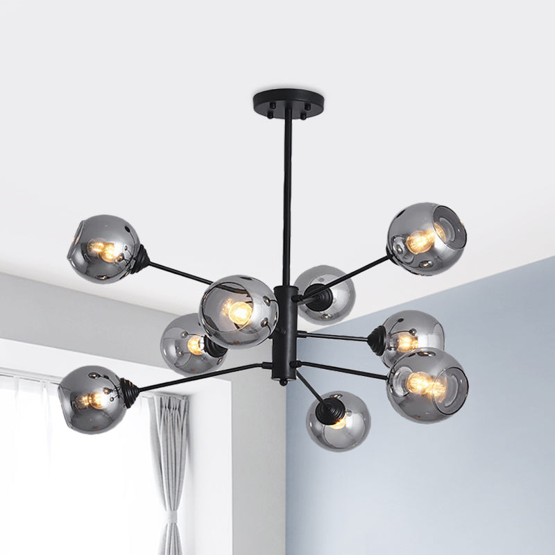 Smoke Grey Glass Ball Chandelier - Postmodernism Style 9-Head Black Pendant Ceiling Light Gray