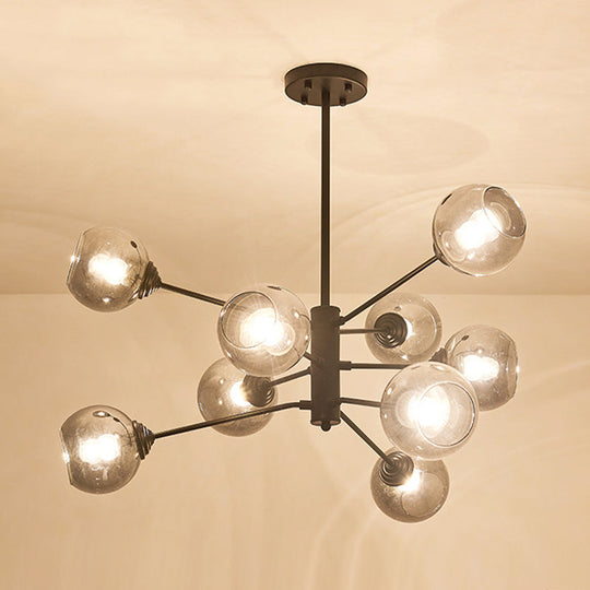 Postmodern Smoke Grey Glass Ball Chandelier Pendant Light - 9 Heads Black Ceiling Fixture