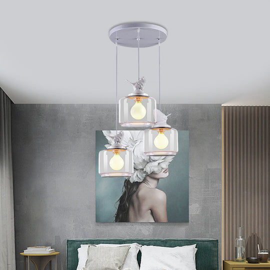 Nordic Glass Pendant Lighting With Resin Bird Top - Clear Drum Design White Multi Light 3 Bulbs
