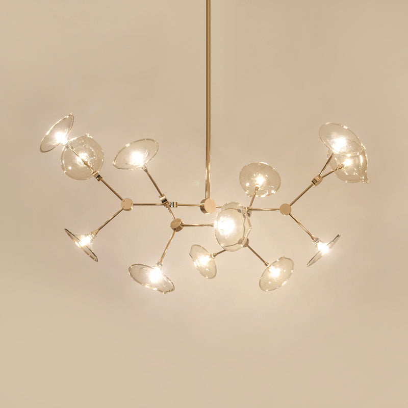Modern Gold Chandelier With Flared Cognac Glass Shades - 12 Heads Pendant Light For Living Room