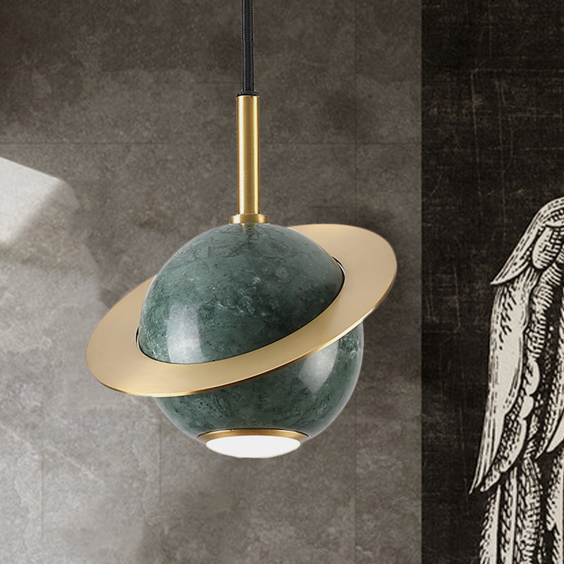 Green/White/Black-Brass Mini Planet Pendant Lamp - Modern Marble Ceiling Light With 1 Bulb Green