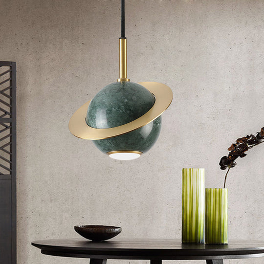 Green/White/Black-Brass Mini Planet Pendant Lamp - Modern Marble Ceiling Light With 1 Bulb