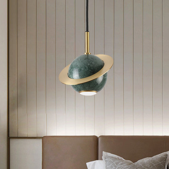 Green/White/Black-Brass Mini Planet Pendant Lamp - Modern Marble Ceiling Light With 1 Bulb