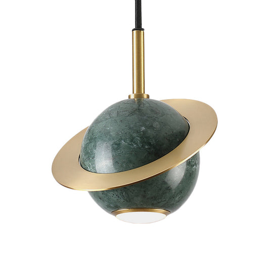 Mini Planet Kitchen Pendant In Green/White/Black-Brass: Modern Ceiling Lamp With Marble And 1 Bulb