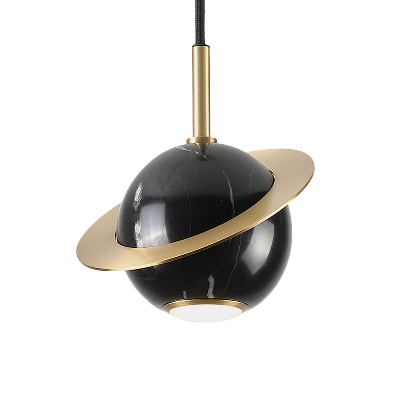 Green/White/Black-Brass Mini Planet Pendant Lamp - Modern Marble Ceiling Light With 1 Bulb