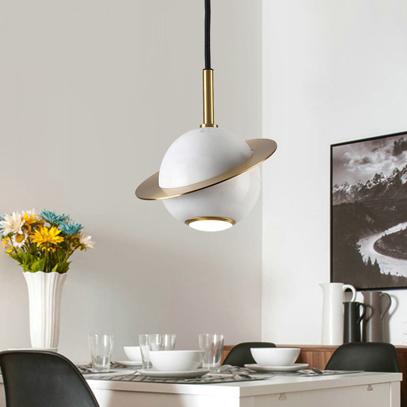 Green/White/Black-Brass Mini Planet Pendant Lamp - Modern Marble Ceiling Light With 1 Bulb
