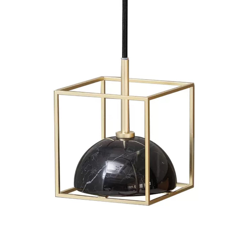 Mid Century Small Dome Hanging Light Kit - Marble 1-Head Pendant With Black/Green Ceiling & Gold