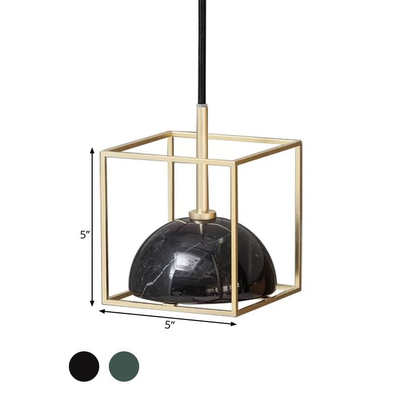 Mid Century Marble Dome Hanging Light Kit - Small Black/Green With Gold Wire Cage Guard