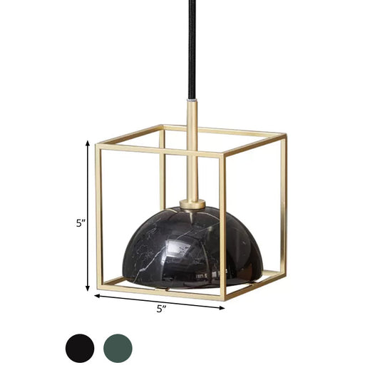 Mid Century Marble Dome Hanging Light Kit - Small Black/Green With Gold Wire Cage Guard