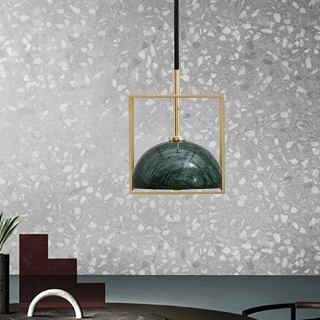 Mid Century Marble Dome Hanging Light Kit - Small Black/Green With Gold Wire Cage Guard