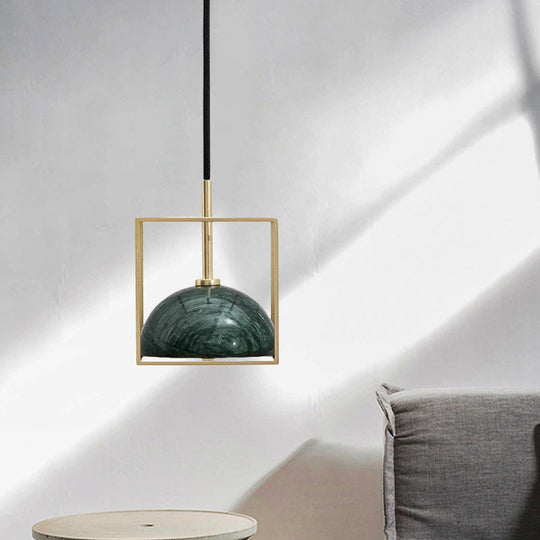 Mid Century Small Dome Hanging Light Kit - Marble 1-Head Pendant With Black/Green Ceiling & Gold