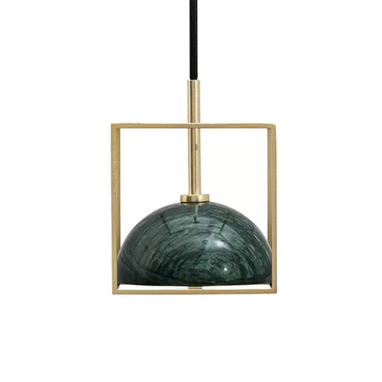 Mid Century Small Dome Hanging Light Kit - Marble 1-Head Pendant With Black/Green Ceiling & Gold