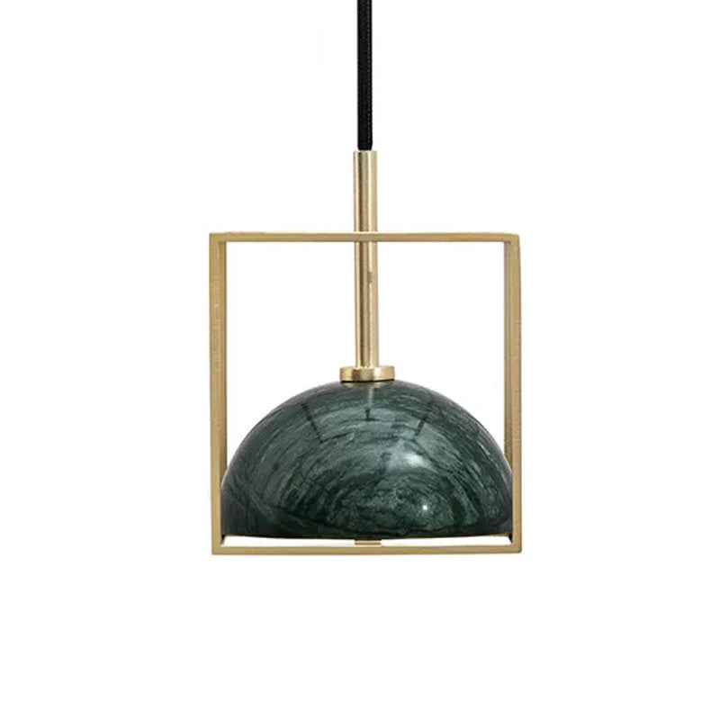 Mid Century Marble Dome Hanging Light Kit - Small Black/Green With Gold Wire Cage Guard