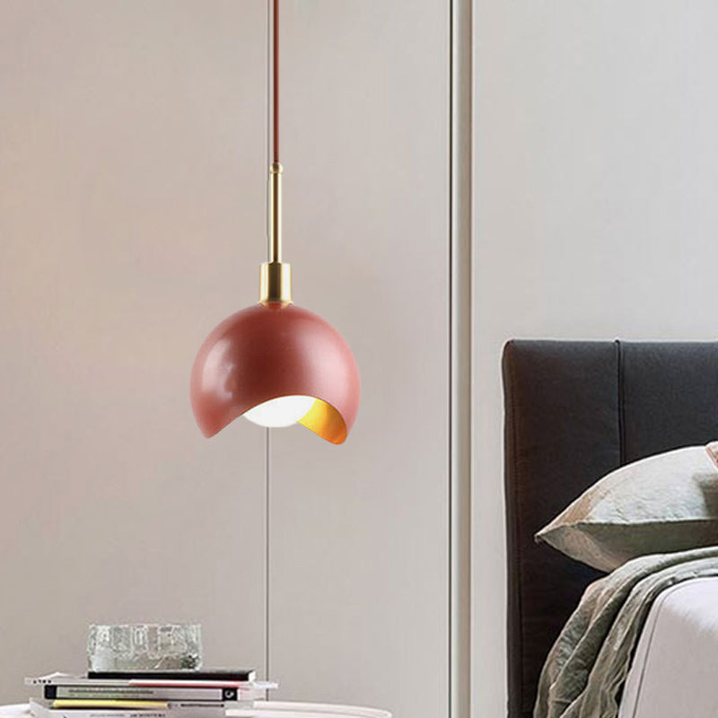 Designer Red Quarter Sphere Pendant Lamp With Waveform Edge And Metal Suspension Light