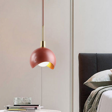 Red Quarter Sphere Pendant Lamp: Designer Single Metal Suspension Light With Waveform Edge