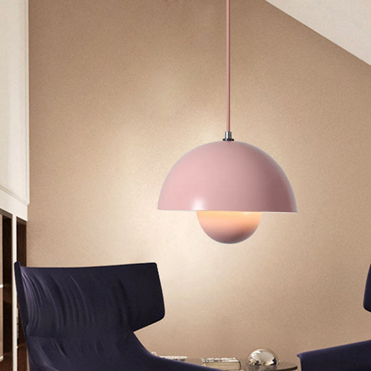 Iron Pendant Lamp With Colored Dome And Inner Diffuser For Dining Table - Pink/Green/Yellow