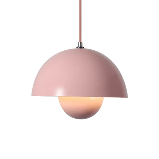 Iron Pendant Lamp With Colored Dome And Inner Diffuser For Dining Table - Pink/Green/Yellow