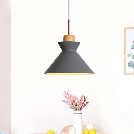 Funnel Suspension Pendant - Grey Nordic Ceiling Lamp With Wood Cork Accent 1 Light Aluminum Design