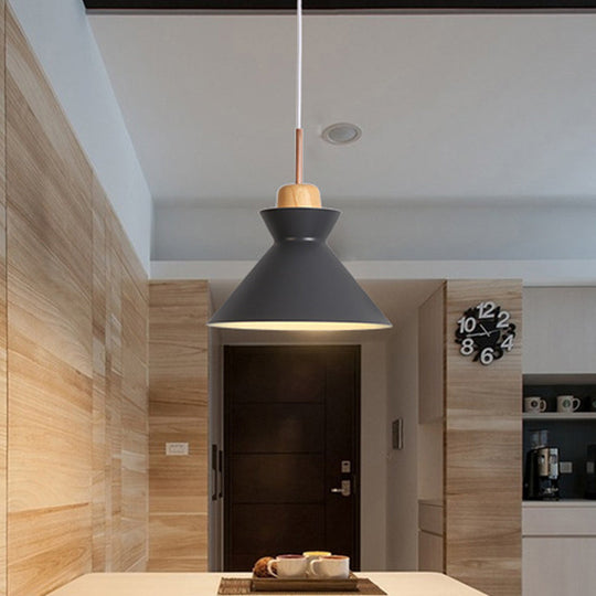 Funnel Suspension Pendant - Grey Nordic Ceiling Lamp With Wood Cork Accent 1 Light Aluminum Design