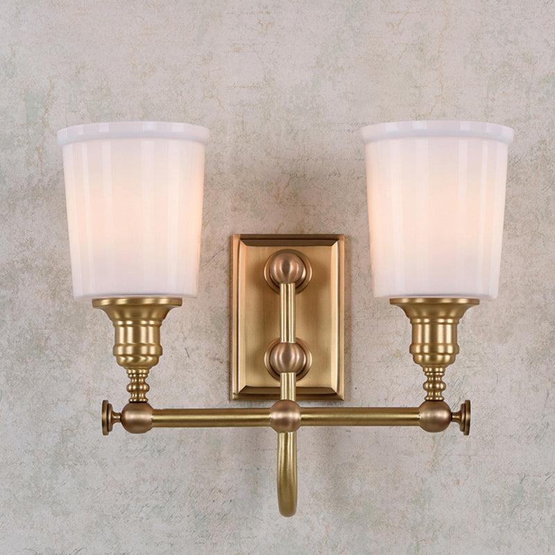 Gold Glass Bucket Vanity Lamp - Colonial 2-Head Bathroom Sconce Light In White/Clear White
