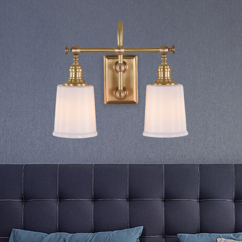 Gold Glass Bucket Vanity Lamp - Colonial 2-Head Bathroom Sconce Light In White/Clear