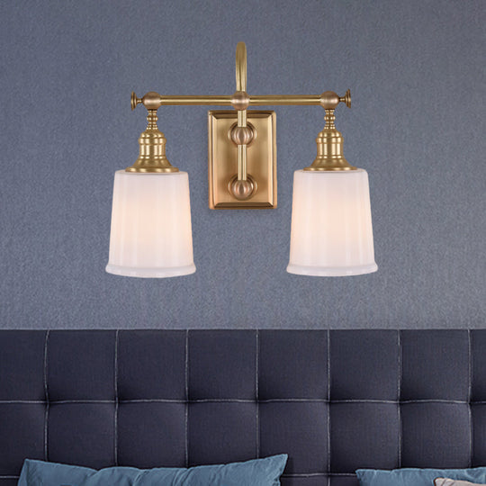 Gold Glass Bucket Vanity Lamp - Colonial 2-Head Bathroom Sconce Light In White/Clear