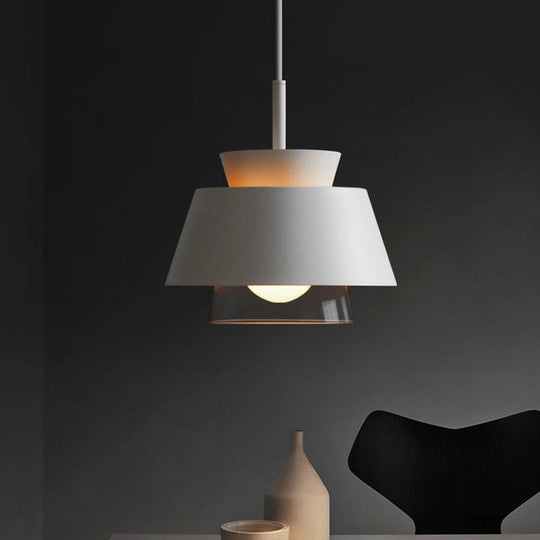 Minimalist Iron Hanging Pendant Light With 2 Tiers Single Black/White Design Transparent Glass Shade