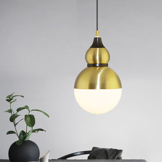 Black/Brass Gourd Pendant Lamp - Mid Century Metal 1 Light White Glass Diffuser Brass