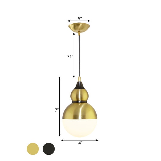 Black/Brass Gourd Shaped Pendant Lamp - Mid Century Metal 1-Light Pendulum With Bottom White Glass