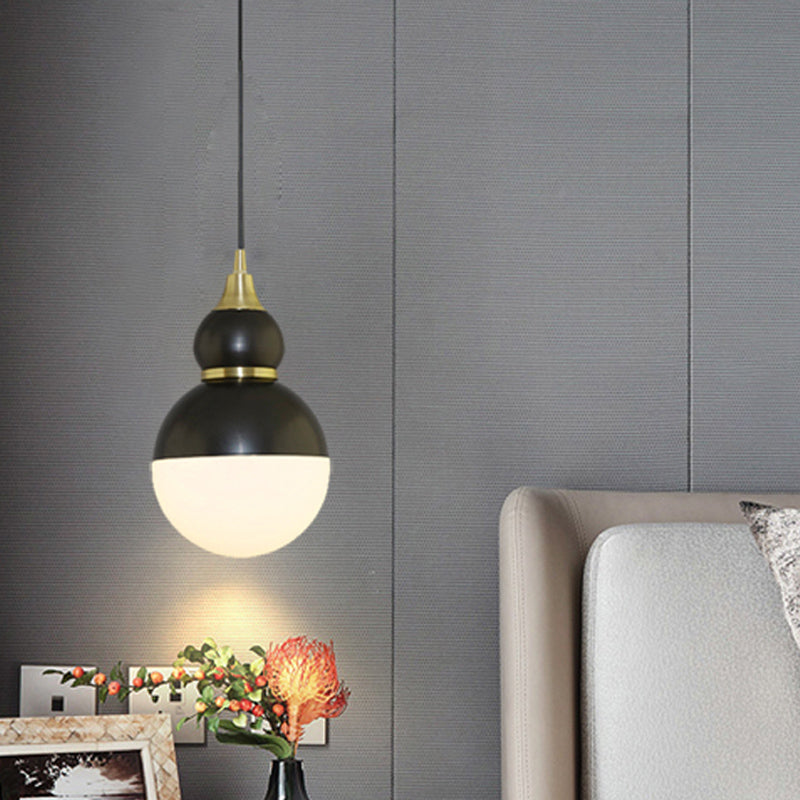 Black/Brass Gourd Shaped Pendant Lamp - Mid Century Metal 1-Light Pendulum With Bottom White Glass