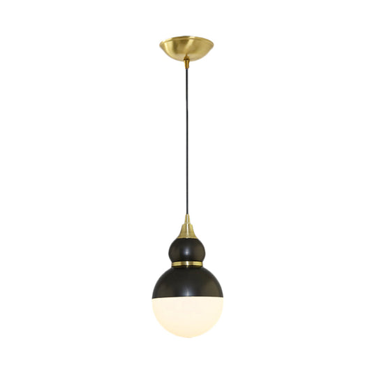 Black/Brass Gourd Pendant Lamp - Mid Century Metal 1 Light White Glass Diffuser