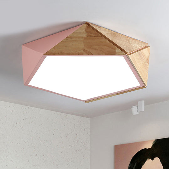 Wood Splicing 3D Pentangle Led Flush Mount Ceiling Lamp In Macaron Pink/Green Warm/White Light