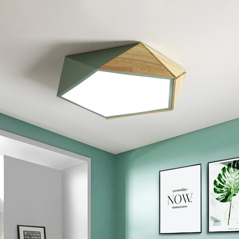 Wood Splicing 3D Pentangle Led Flush Mount Ceiling Lamp In Macaron Pink/Green Warm/White Light