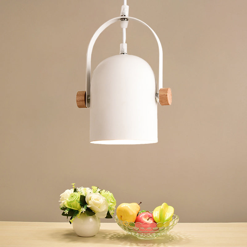 Nordic Ceiling Pendant Light - Metallic White Elongated Dome With Wood Lock And Adjustable Handle