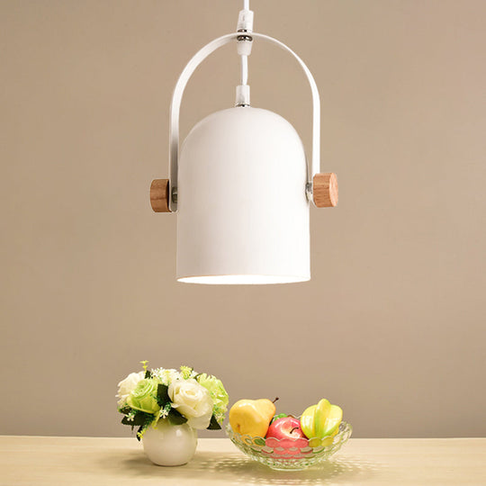 Nordic Ceiling Pendant Light - Metallic White Elongated Dome With Wood Lock And Adjustable Handle