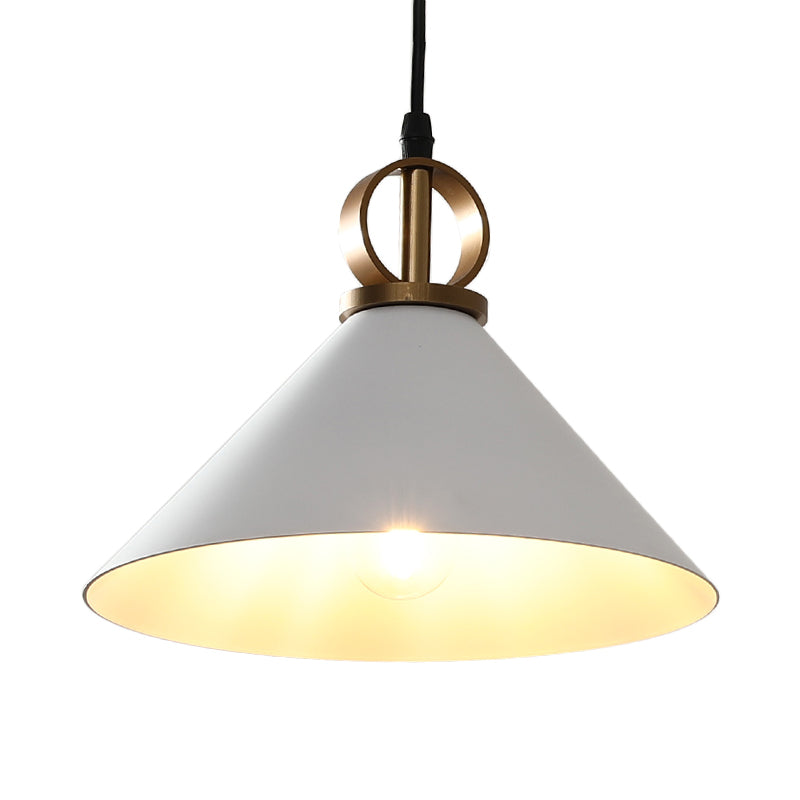 White Conical Dining Table Suspension Pendant Light With Minimalist Metal Design And Ring Knob
