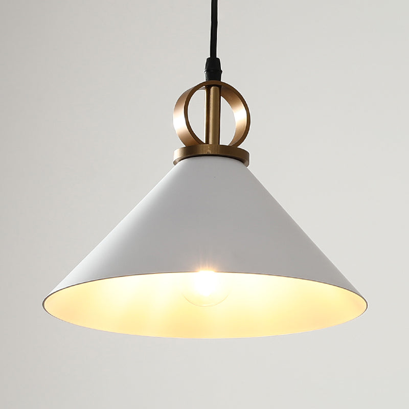 White Conical Dining Table Suspension Pendant Light With Minimalist Metal Design And Ring Knob