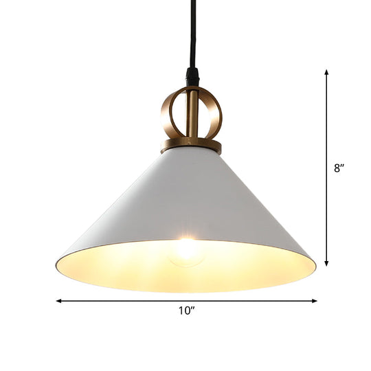 White Conical Dining Table Suspension Pendant Light With Minimalist Metal Design And Ring Knob