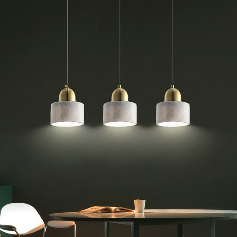 Minimalist White Pendant Bedside Lamp With Drum Marble Shade And Gold Dome Top - 1-Light