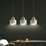 Minimalist White Pendant Bedside Lamp With Drum Marble Shade And Gold Dome Top - 1-Light