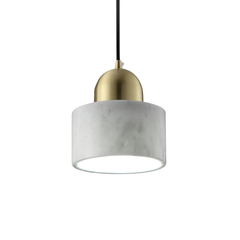 Minimalist White Bedside Pendant Light With Drum Marble Shade And Gold Dome Top - 1-Light Hanging