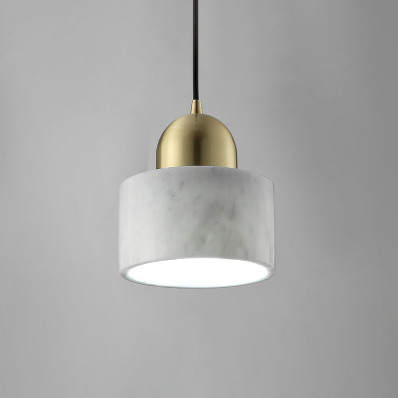 Minimalist White Bedside Pendant Light With Drum Marble Shade And Gold Dome Top - 1-Light Hanging