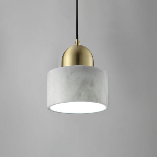 Minimalist White Bedside Pendant Light With Drum Marble Shade And Gold Dome Top - 1-Light Hanging