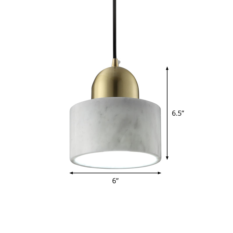 Minimalist White Bedside Pendant Light With Drum Marble Shade And Gold Dome Top - 1-Light Hanging