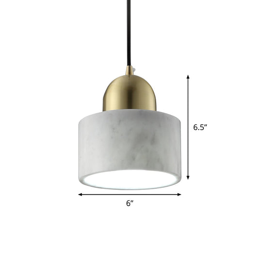 Minimalist White Bedside Pendant Light With Drum Marble Shade And Gold Dome Top - 1-Light Hanging