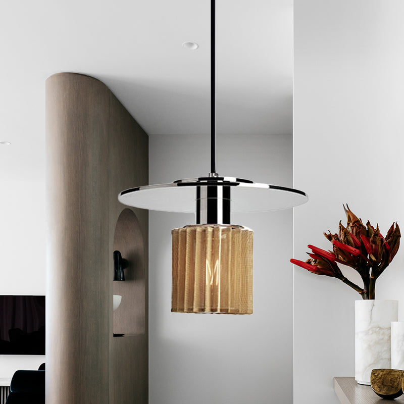 Stylish 1-Light Pendant Kit: Ribbed Glass Chrome Mini Drum Ceiling Lamp+
