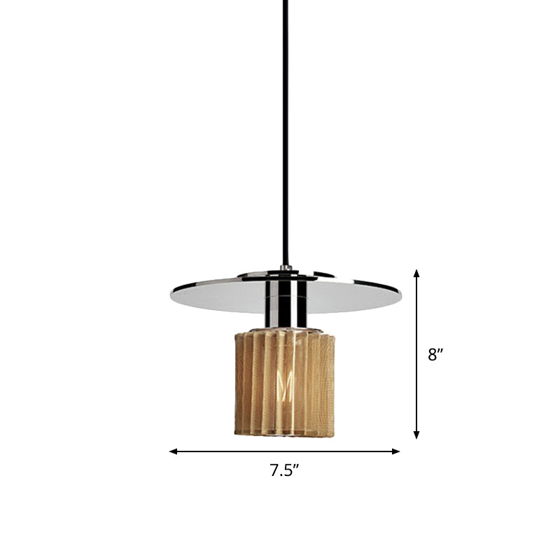 Stylish 1-Light Pendant Kit: Ribbed Glass Chrome Mini Drum Ceiling Lamp+