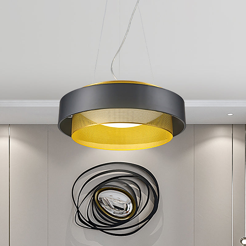 Modern Metal Circle Hanging Light With Mesh Screen And Acrylic Diffuser - White/Black-Gold Finish
